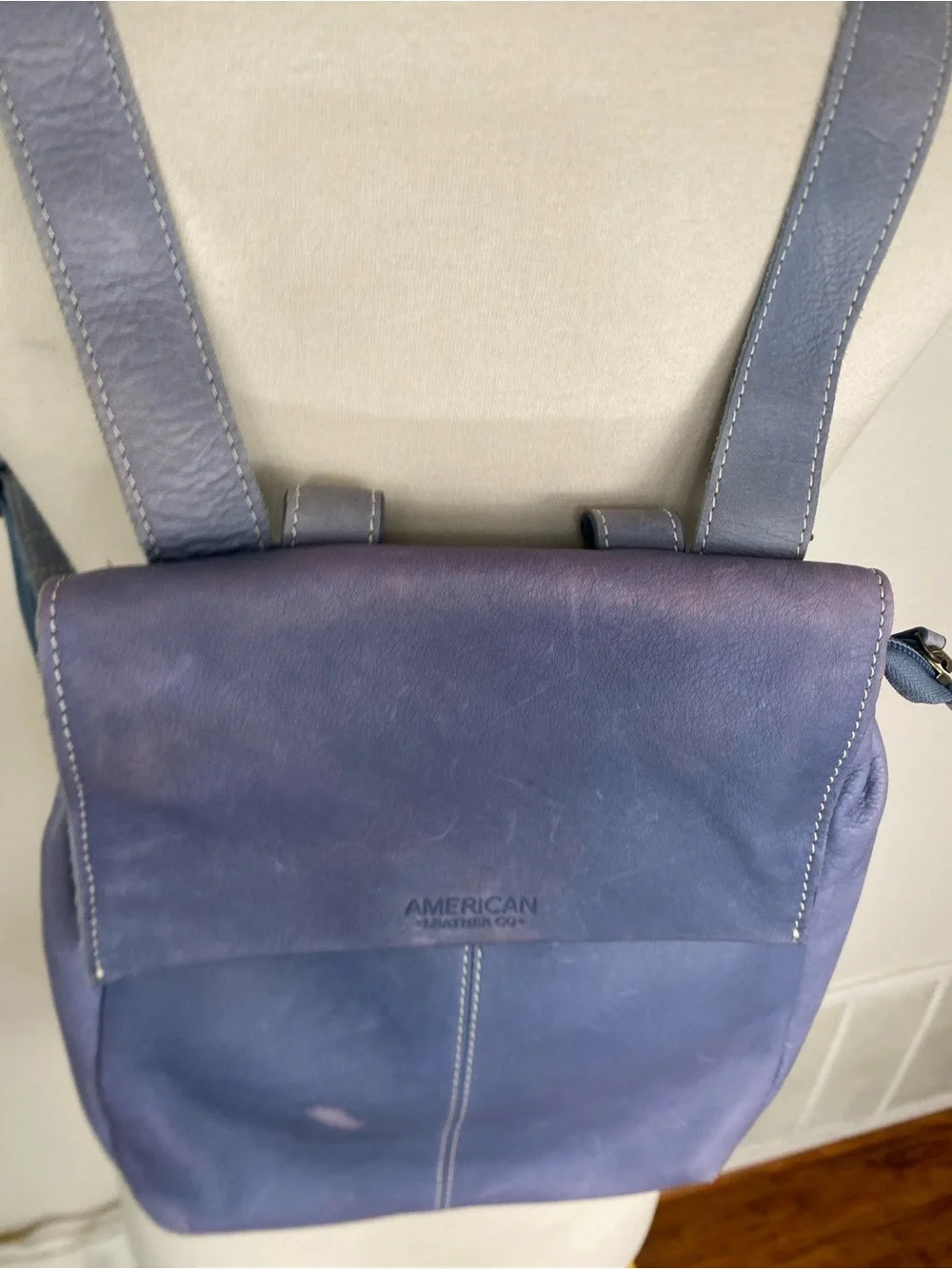 American Leather Co. Women Periwinkle Leather Flap Backpack Purse Coastal Casual